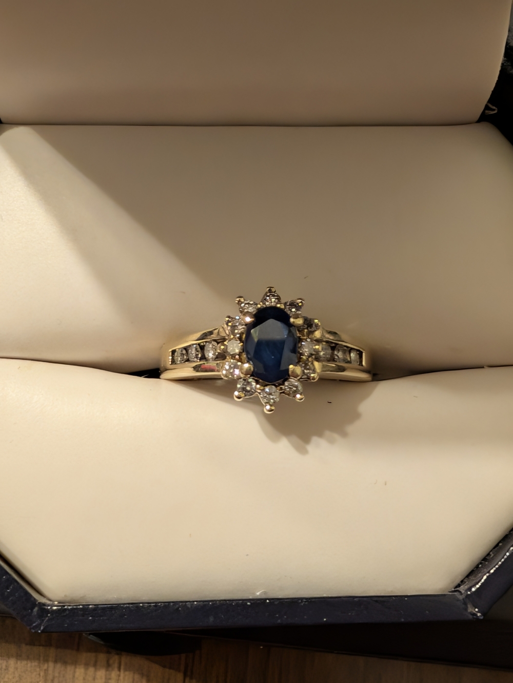 Gold Sapphire Halo Ring with Clear Accent Stones